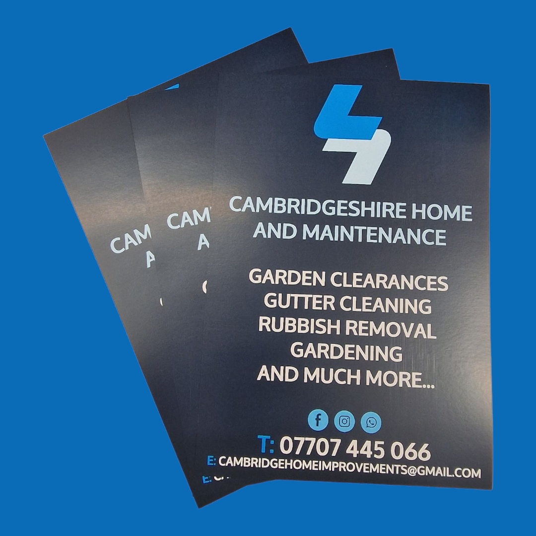 Fanned out A5 sized leaflets with a dark black background with a logo in light and contrasting darker blue for the logo with plumbing business details and services.