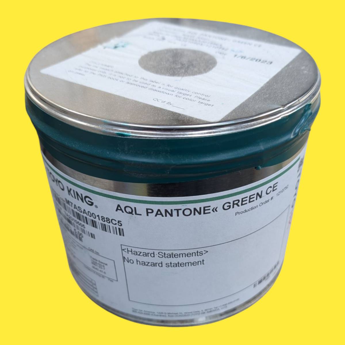 Tin of aqualess PMS Green ink