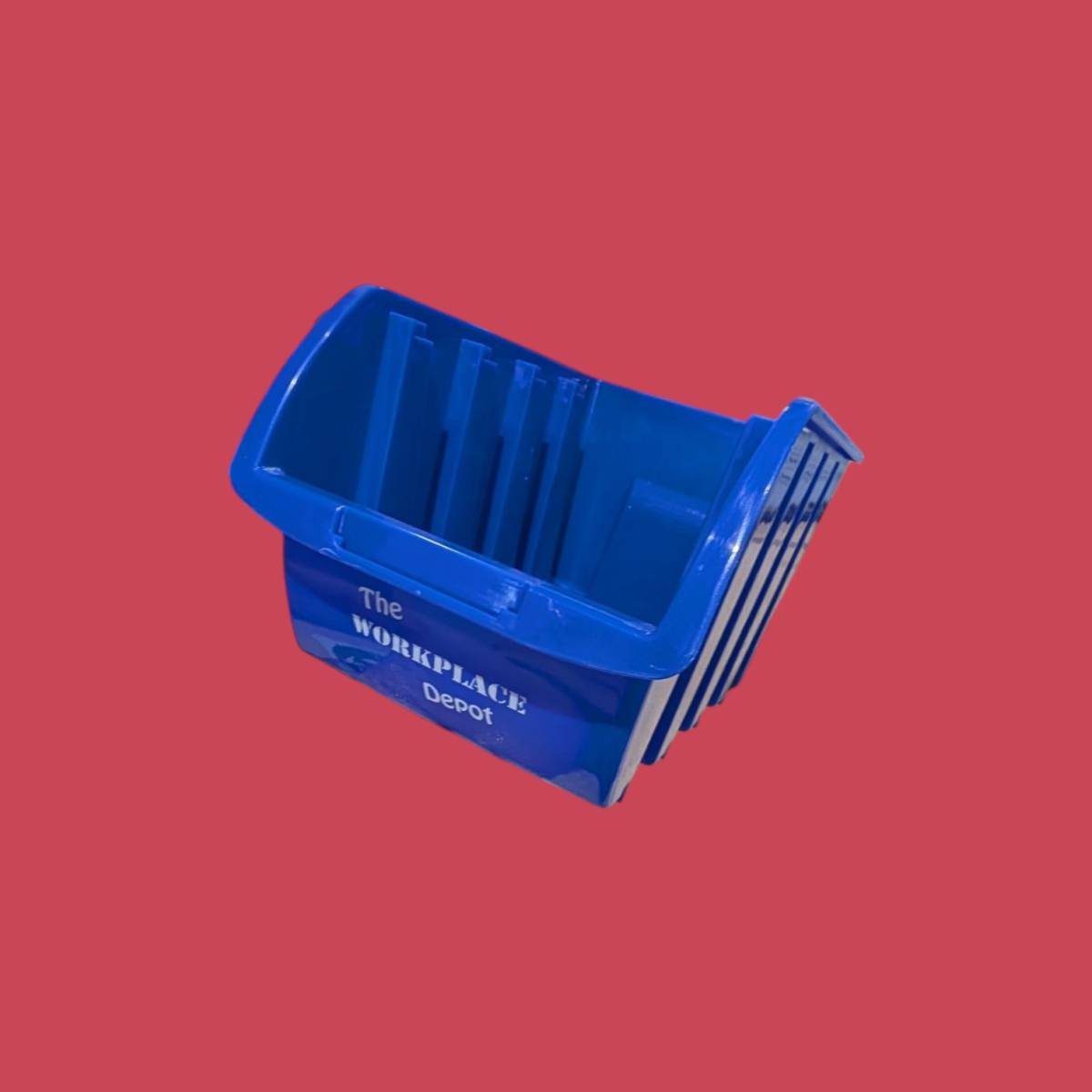 Small blue plastic container with a lowered front for accesibility