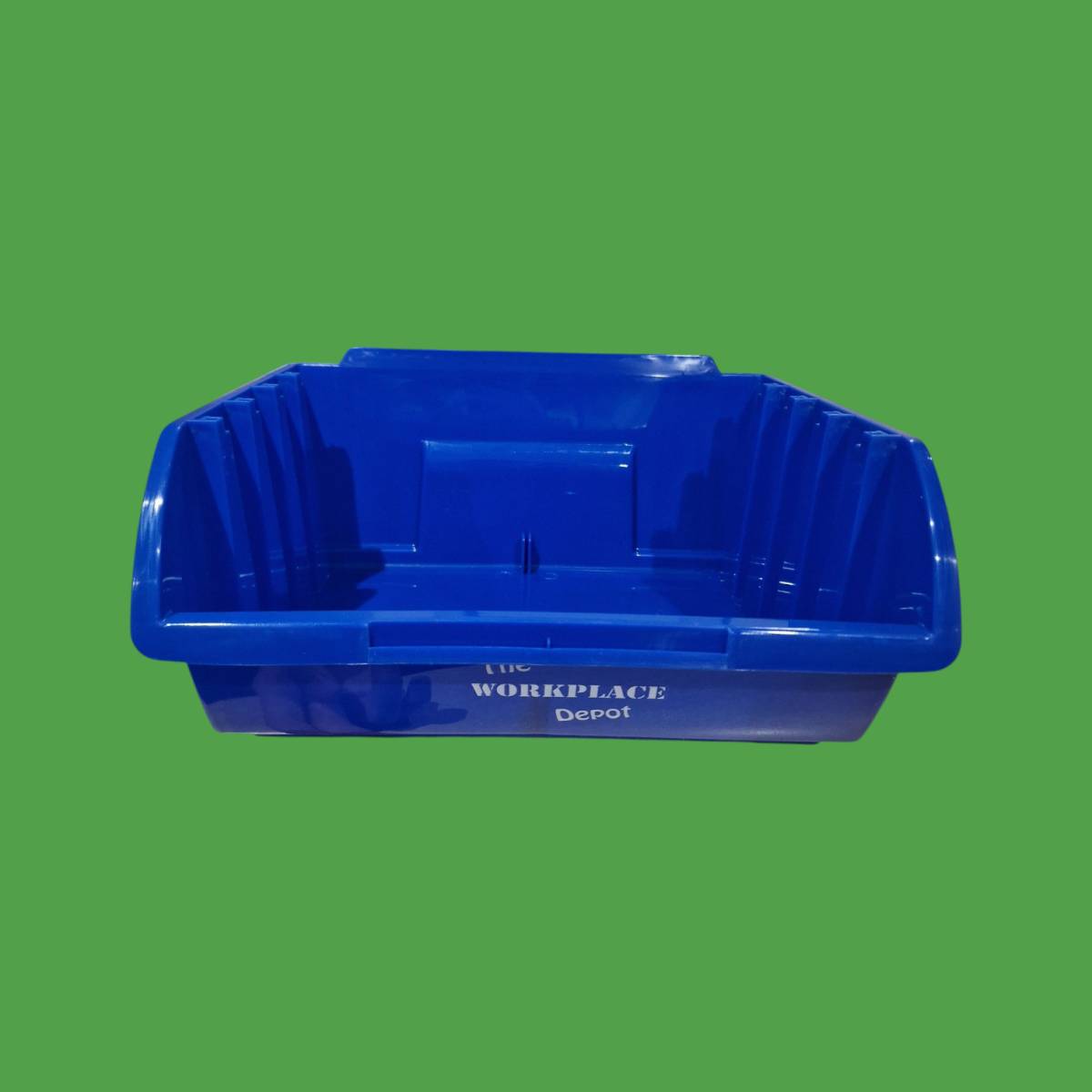 Large blue plastic storage container with lowered front for accesibility