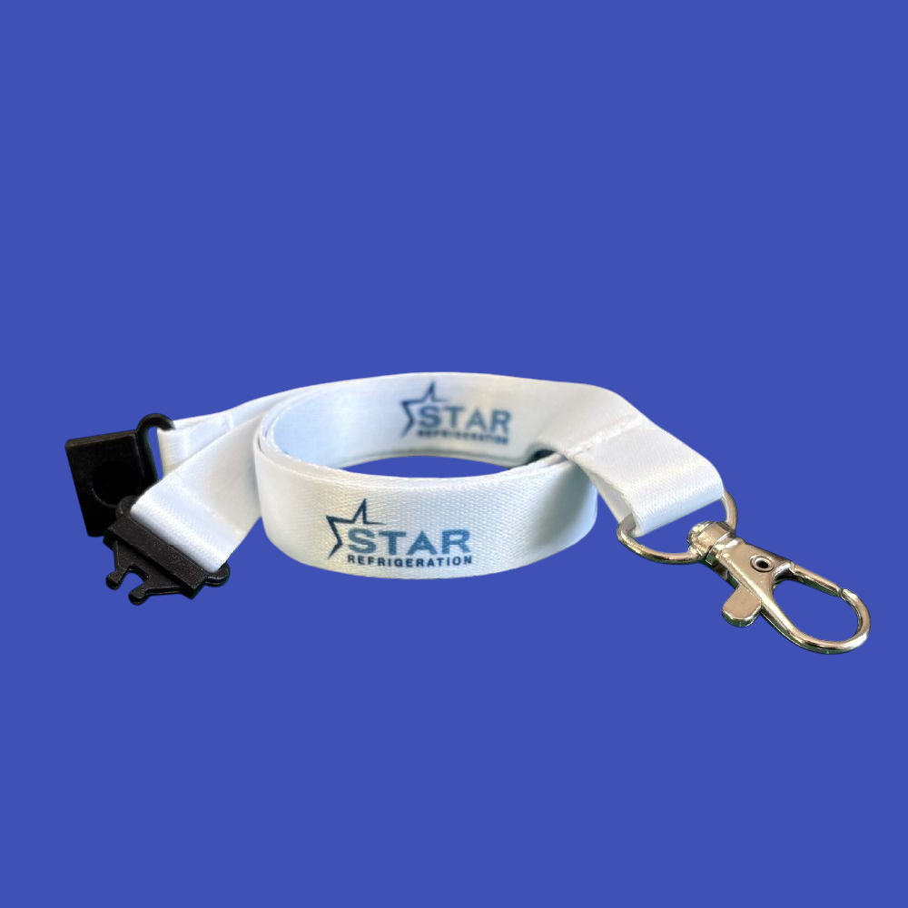 A rolled up white lanyard with text on the side